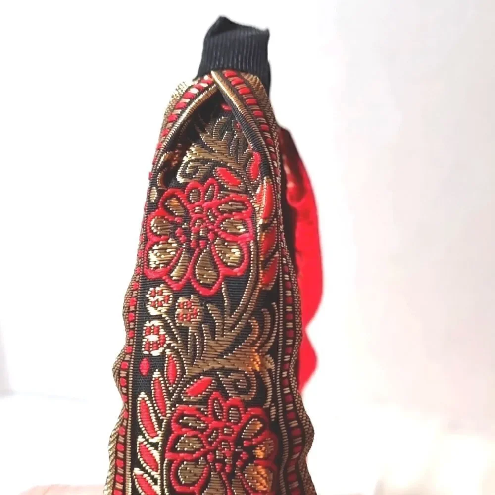 JEWELTONE JACQUARD SATIN FABRIC top knot red gold black headband